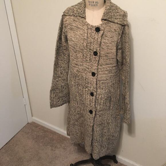 Guinevere Beige & Gray Wool & Cashmere Long Button Front Sweater L - Picture 9 of 10